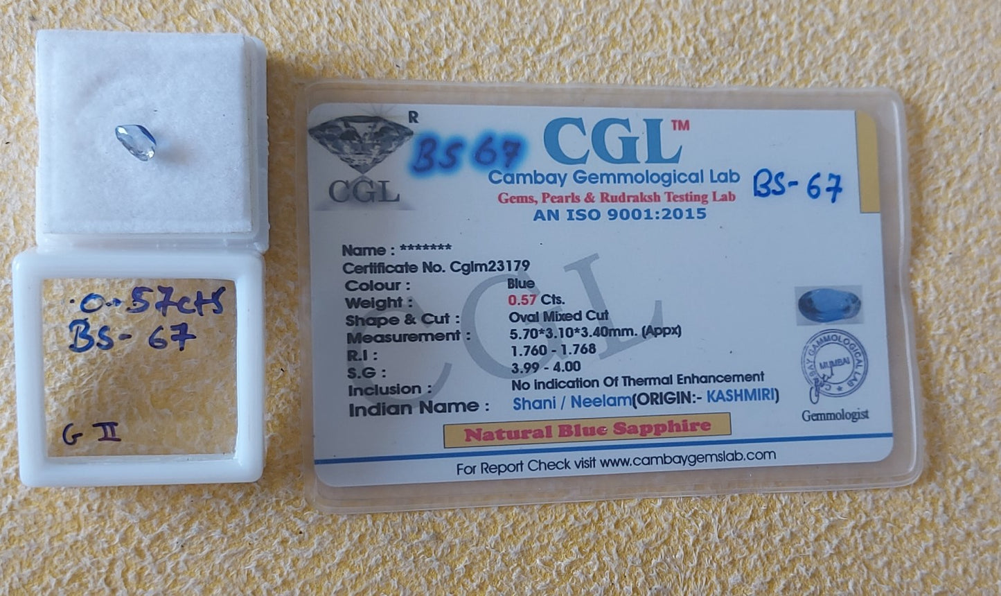 B.S-67 0.57 Carat Natural Blue Sapphire Stone