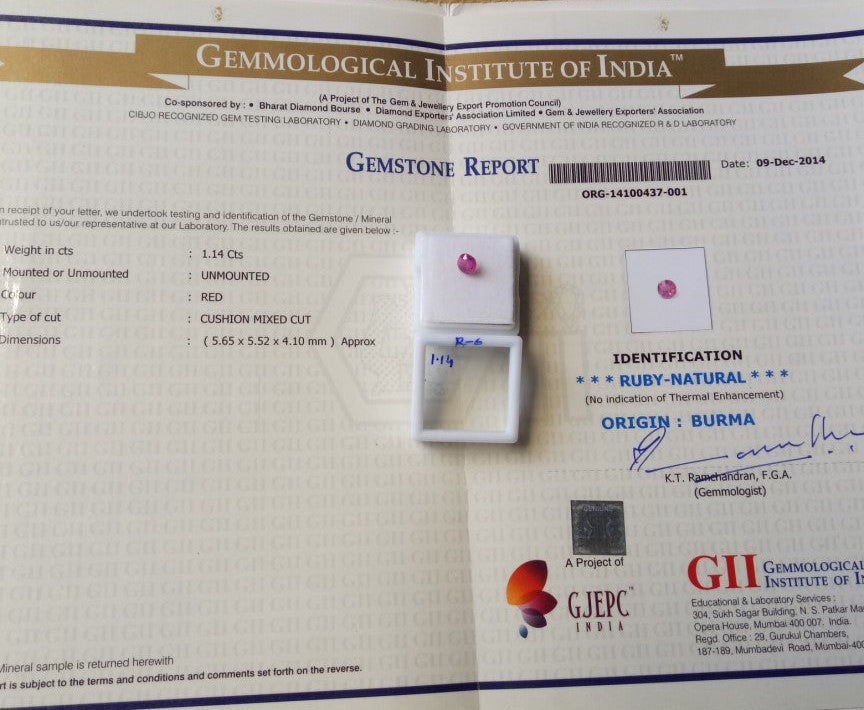 1.14 Carat Natural Old Ruby with Gii mine origin burma certification.