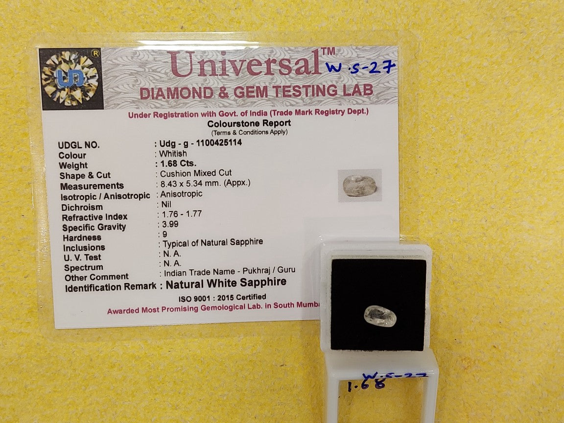 1.68 Carat Natural White Sapphire Stone