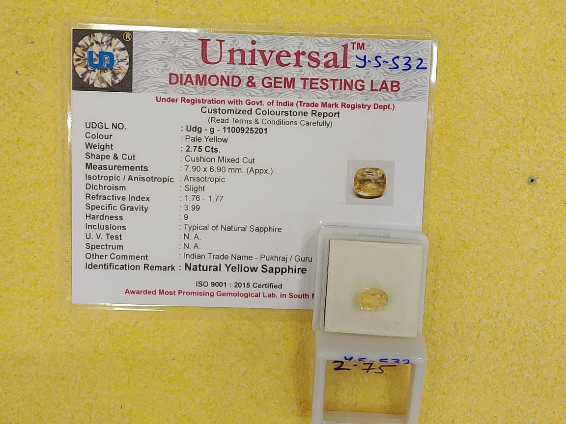 2.75 Carat Natural Yellow Sapphire Stone