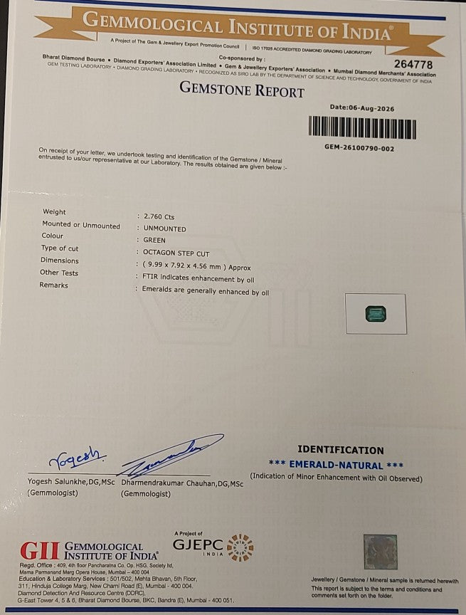 2.76 Carats GII Certified Natural Zambian Emerald Gemstone
