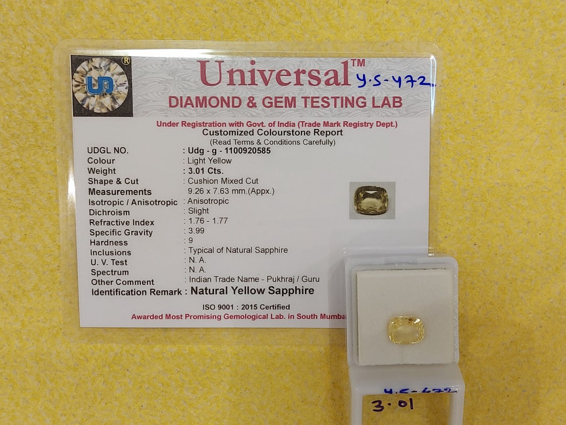 3.01 Carat Natural Yellow Sapphire Stone