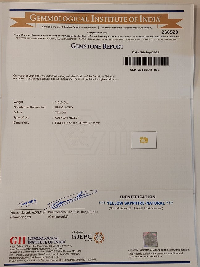 3.01 Carats GII Certified Natural Sri-Lankan Ceylon Yellow Sapphire Gemstone