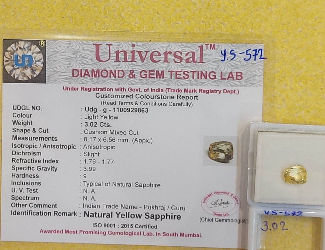 3.02 Carat Natural Yellow Sapphire Stone