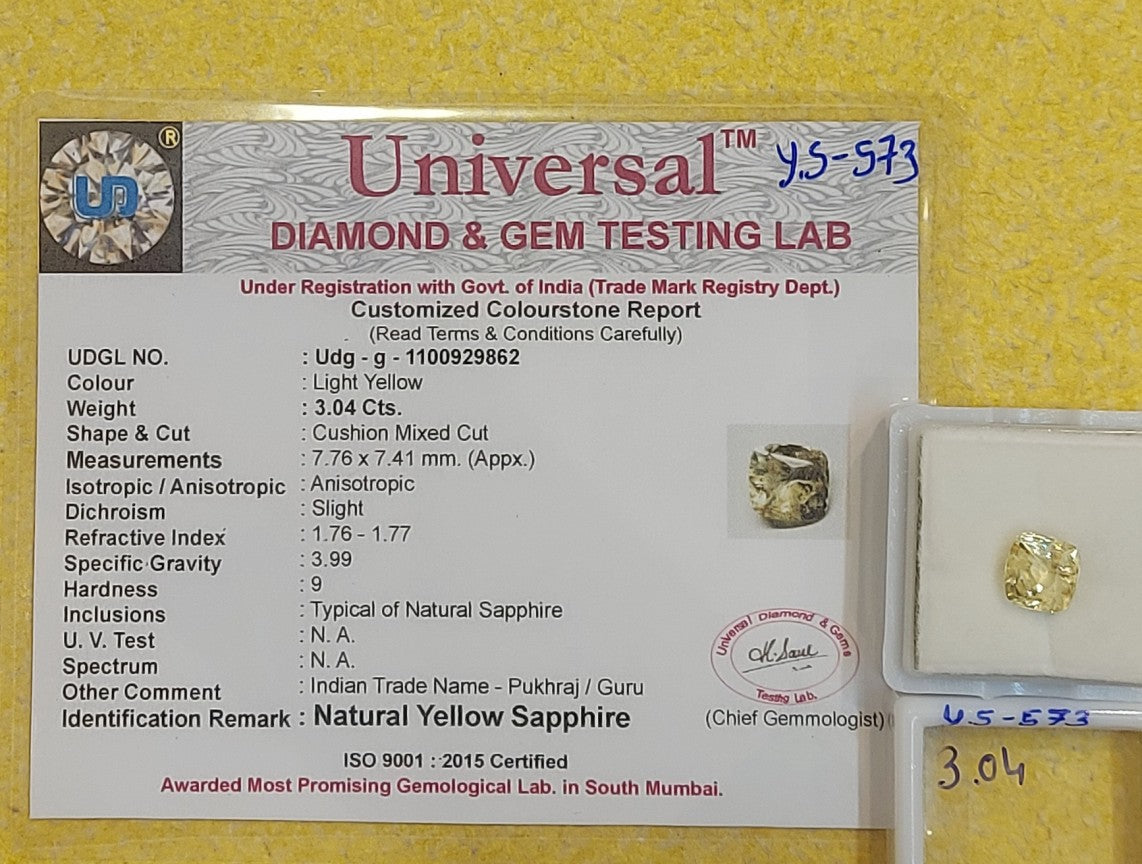3.04 Carat Natural yellow Sapphire Stone