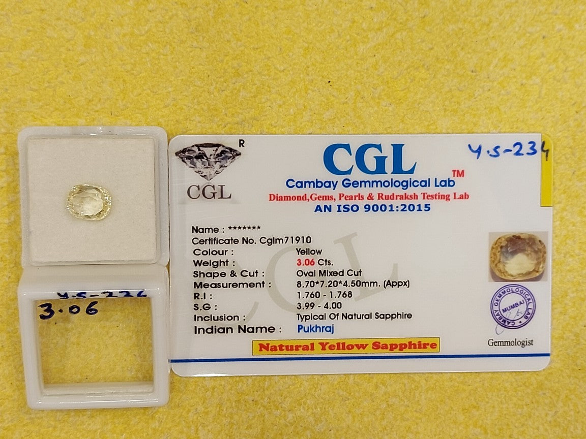 3.06 Y.S-234 Carat Natural Yellow Sapphire Stone