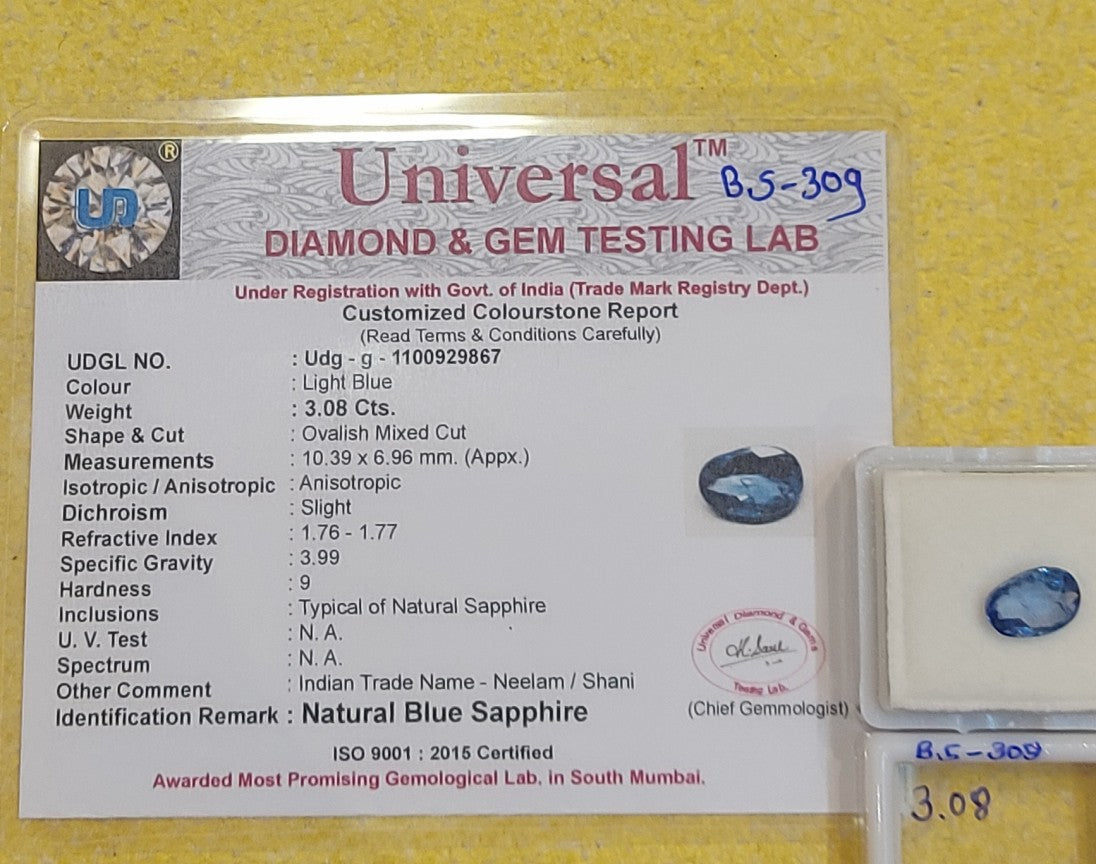 3.08 Carat Natural Blue Sapphire Stone