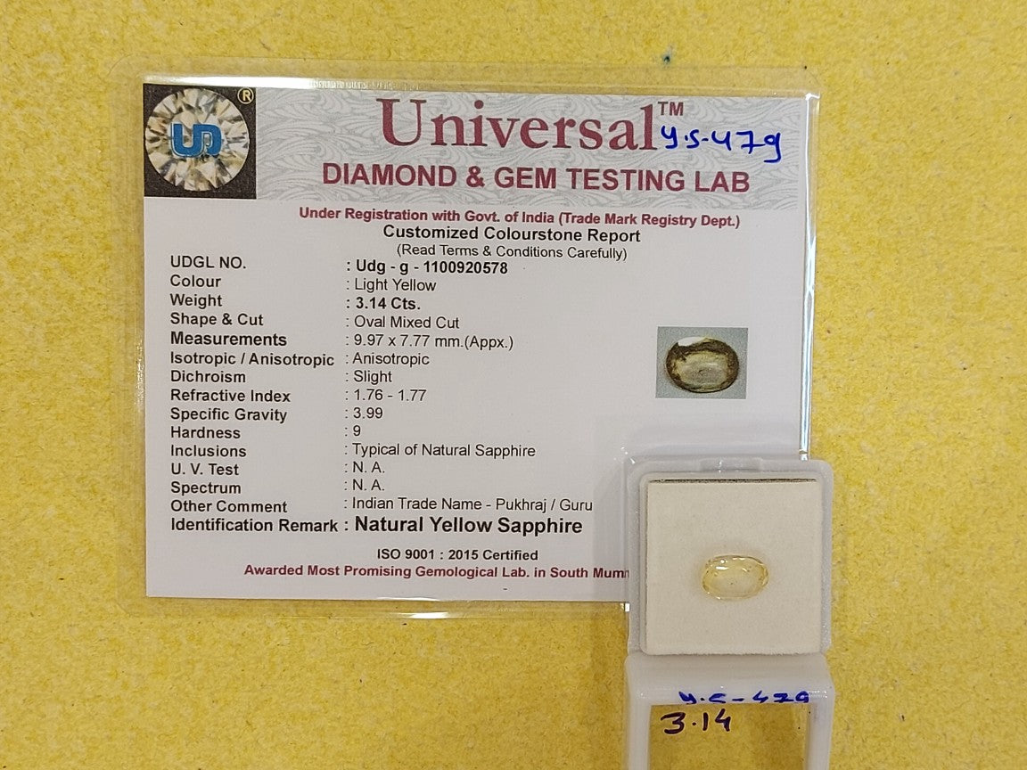3.14 Carat Natural Yellow Sapphire Stone