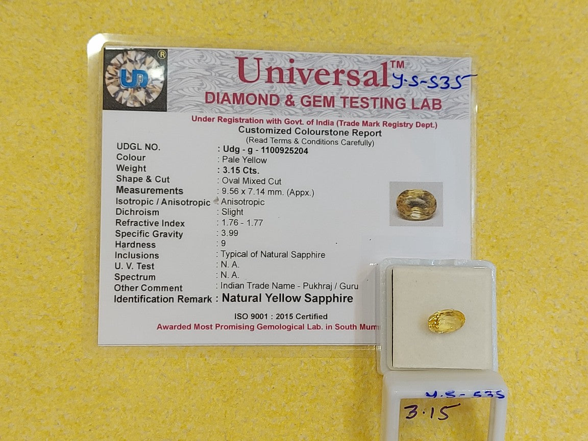 3.15 Carat Natural Yellow Sapphire Stone