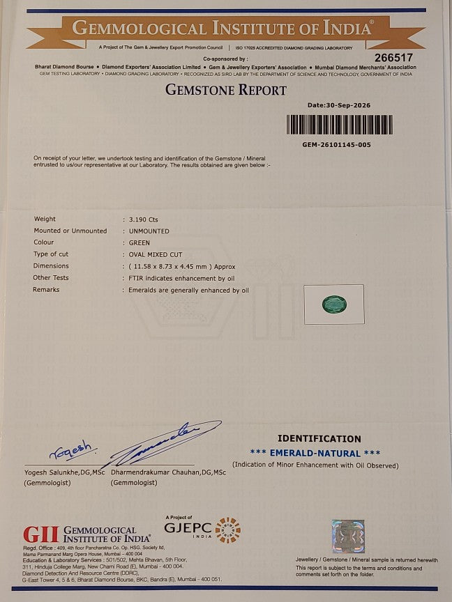 3.19 Carats GII Certified Natural Zambian Emerald Gemstone