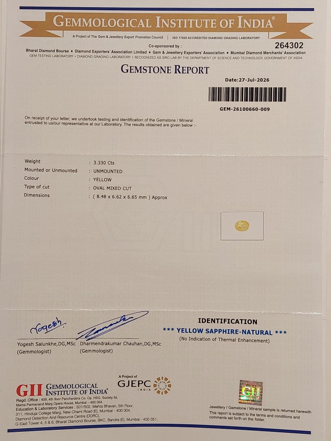 3.33 Carats GII Certified Natural Sri-Lankan Ceylon Yellow Sapphire Gemstone