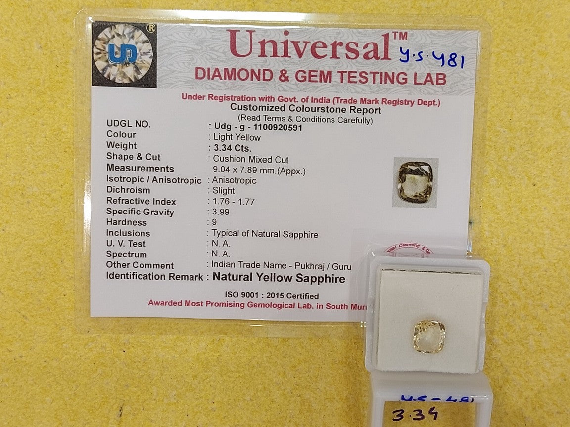 3.34 Carat Natural Yellow Sapphire Stone
