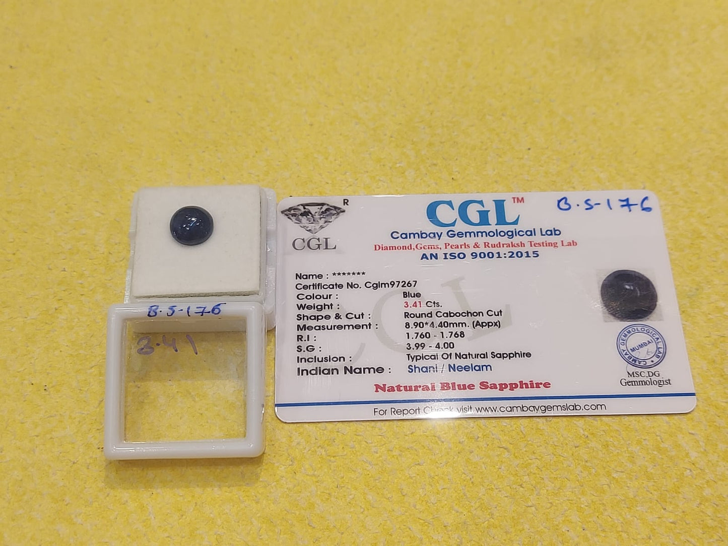 B.S-176 3.41 Carat Natural Blue Sapphire Stone