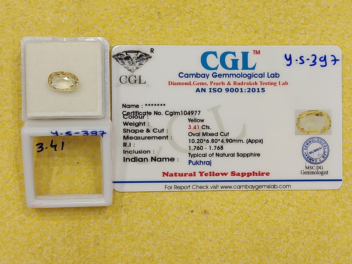 3.41 Carat Natural Yellow Sapphire Stone