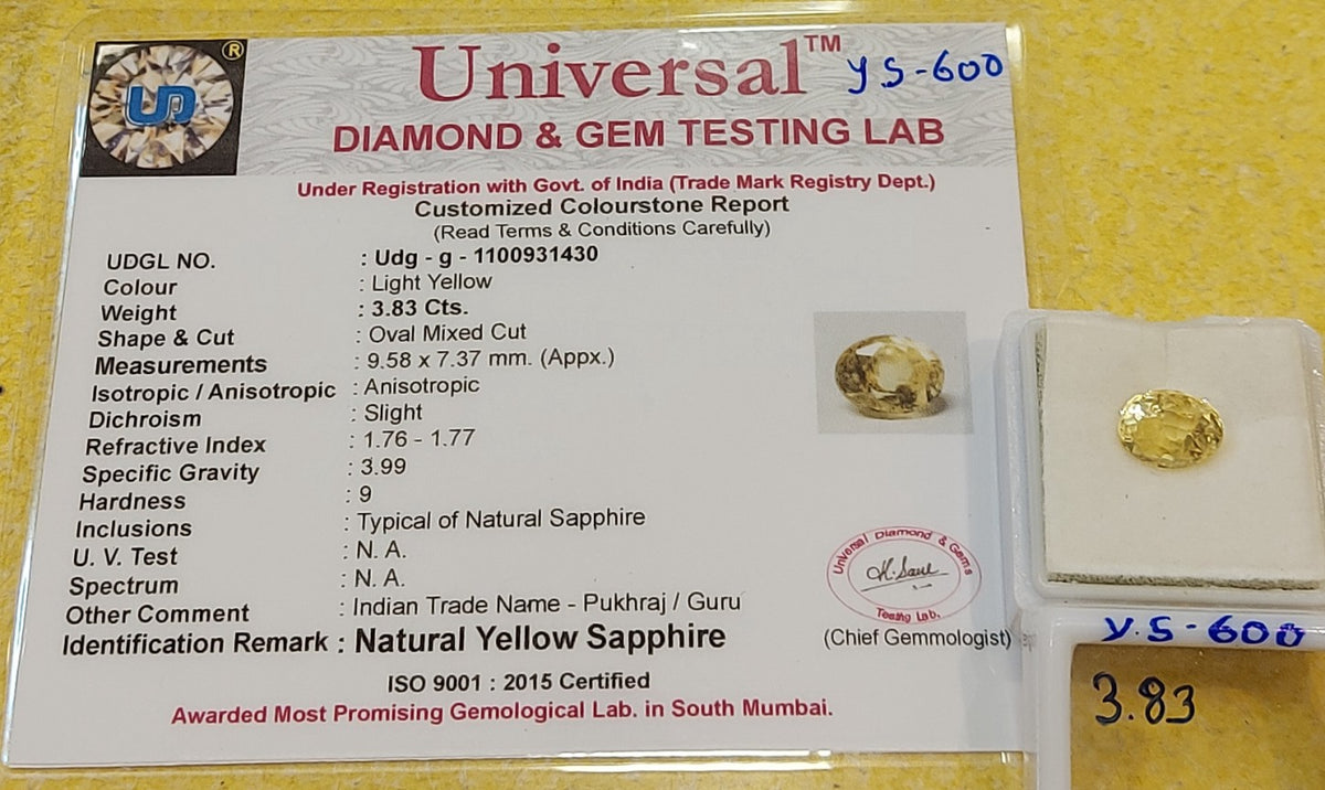 3.83 Carats Natural Sri-Lankan Ceylon Yellow Sapphire Gemstone