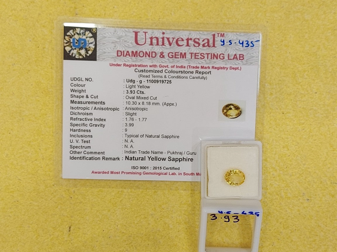 3.93 Carat Natural Yellow Sapphire Stone