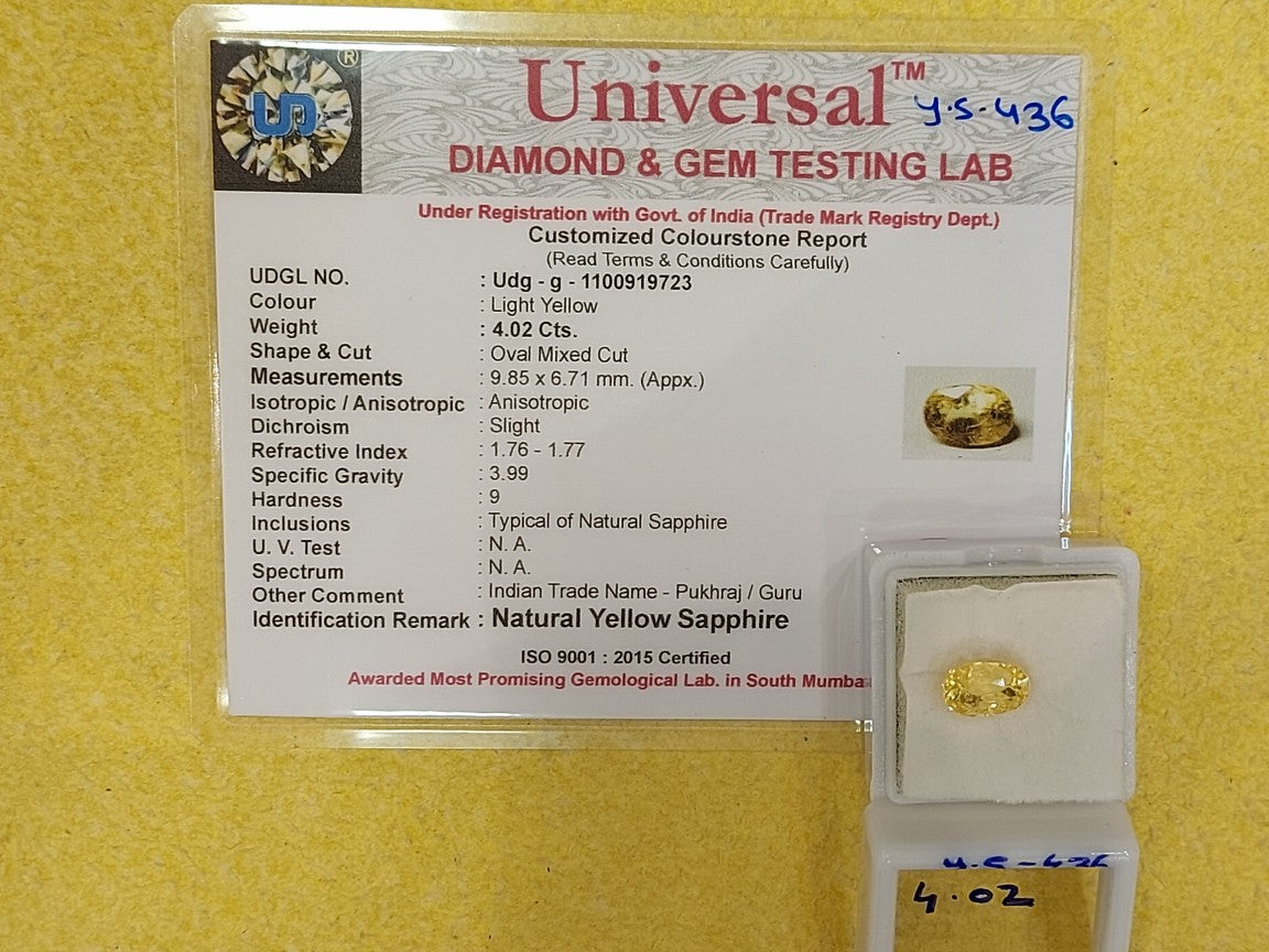 4.02 Carat Natural Yellow Sapphire Stone