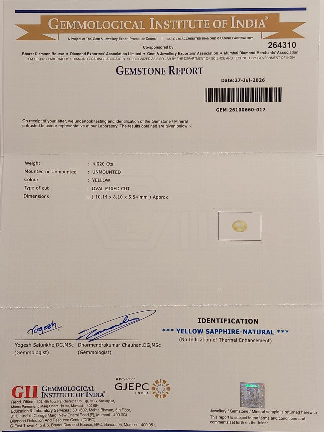 4.02 Carats GII Certified Natural Sri-Lankan Ceylon Yellow Sapphire Gemstone