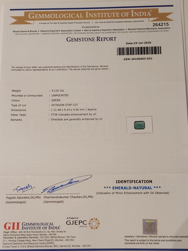 4.12 Carats GII Certified Natural Zambian Emerald Gemstone