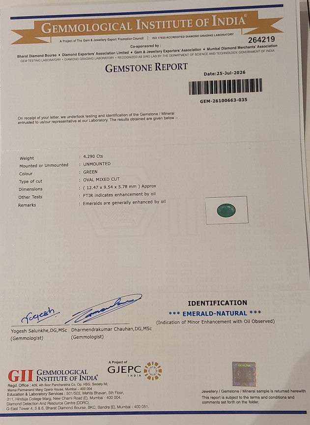 4.29 Carats GII Certified Natural Zambian Emerald Gemstone