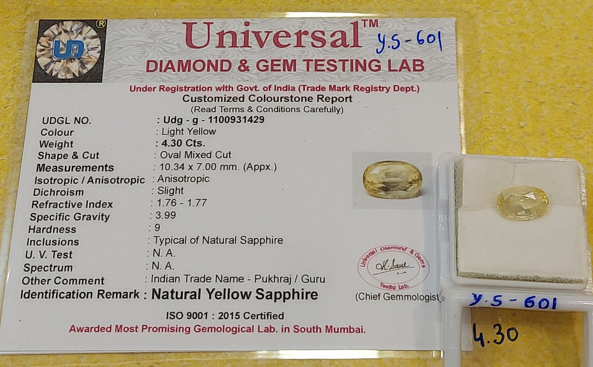 4.30 Carats Natural Sri-Lankan Ceylon Yellow Sapphire Gemstone