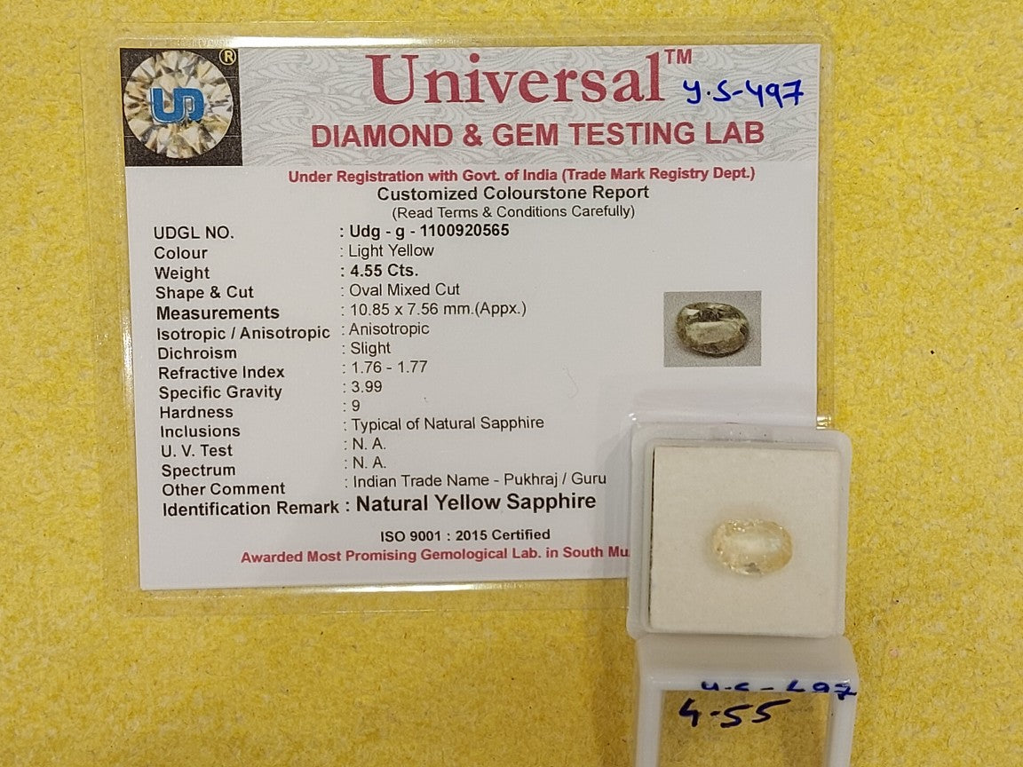 4.55 Carat Natural Yellow Sapphire