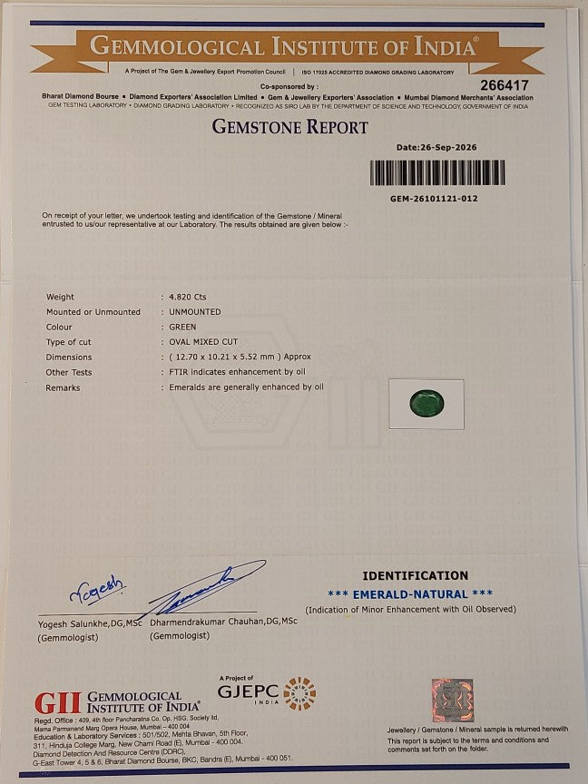4.82 Carats GII Certified Natural Zambian Emerald Gemstone