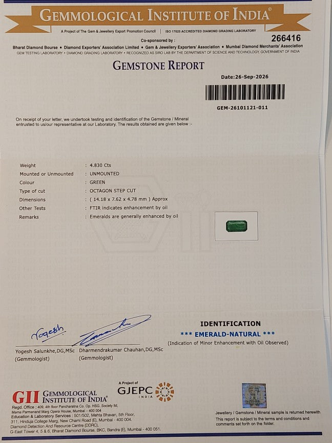 4.83 carat GII Certified Natural Zambian Emerald Gemstone