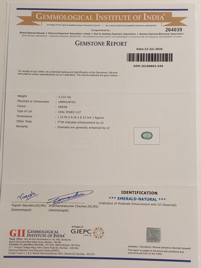 5.21 Carats GII Certified Natural Zambian Emerald Gemstone