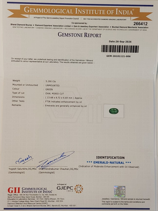5.29 Carat GII Certified Natural Zambian Emerald Gemstone