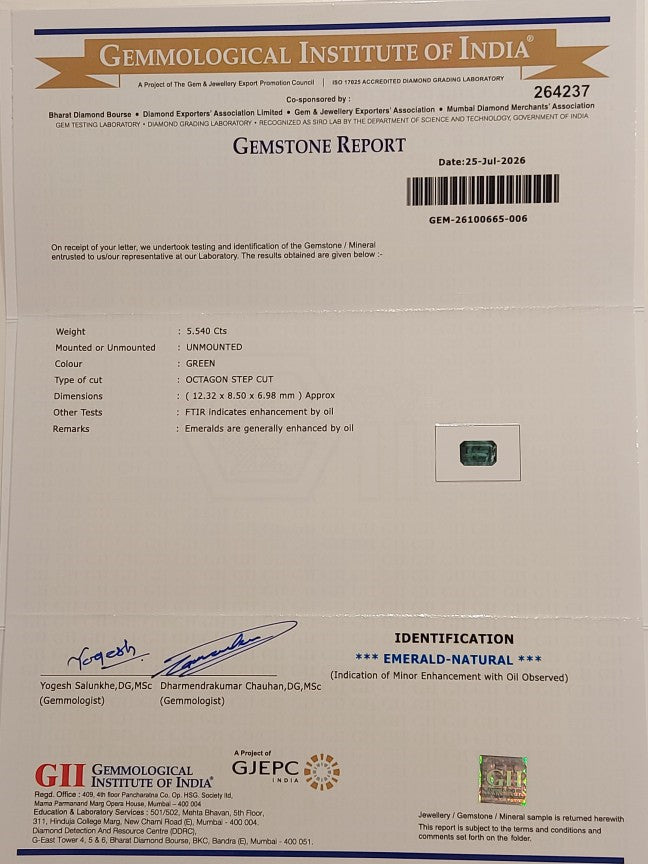 5.54 Carats GII Certified Natural Zambian Emerald Gemstone