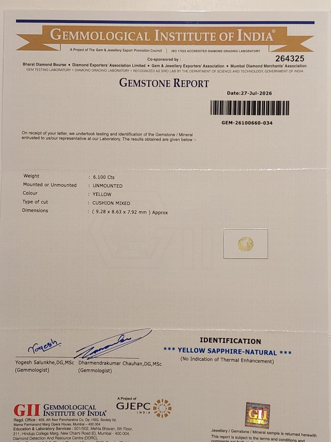 6.10 Carats GII Certified Natural Sri-Lankan Ceylon Yellow Sapphire Gemstone