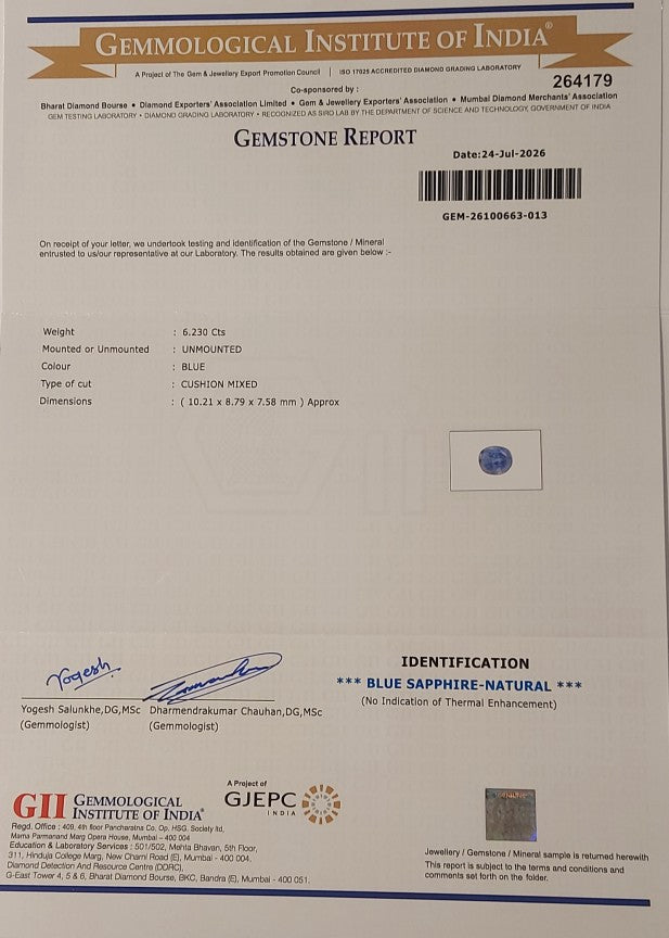 6.23 Carats GII Certified Natural Sri-Lankan Ceylon Blue Sapphire Gemstone