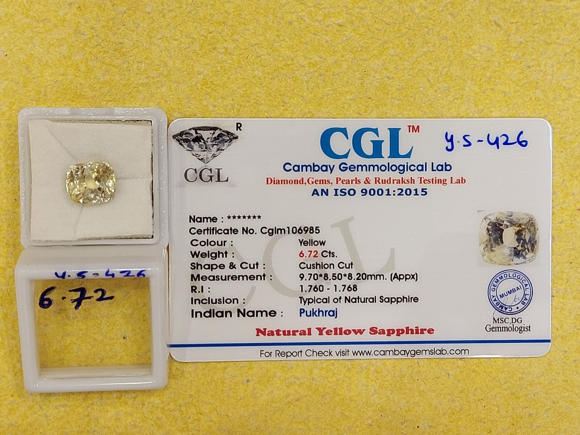 6.72 Carat Natural Yellow Sapphire Stone