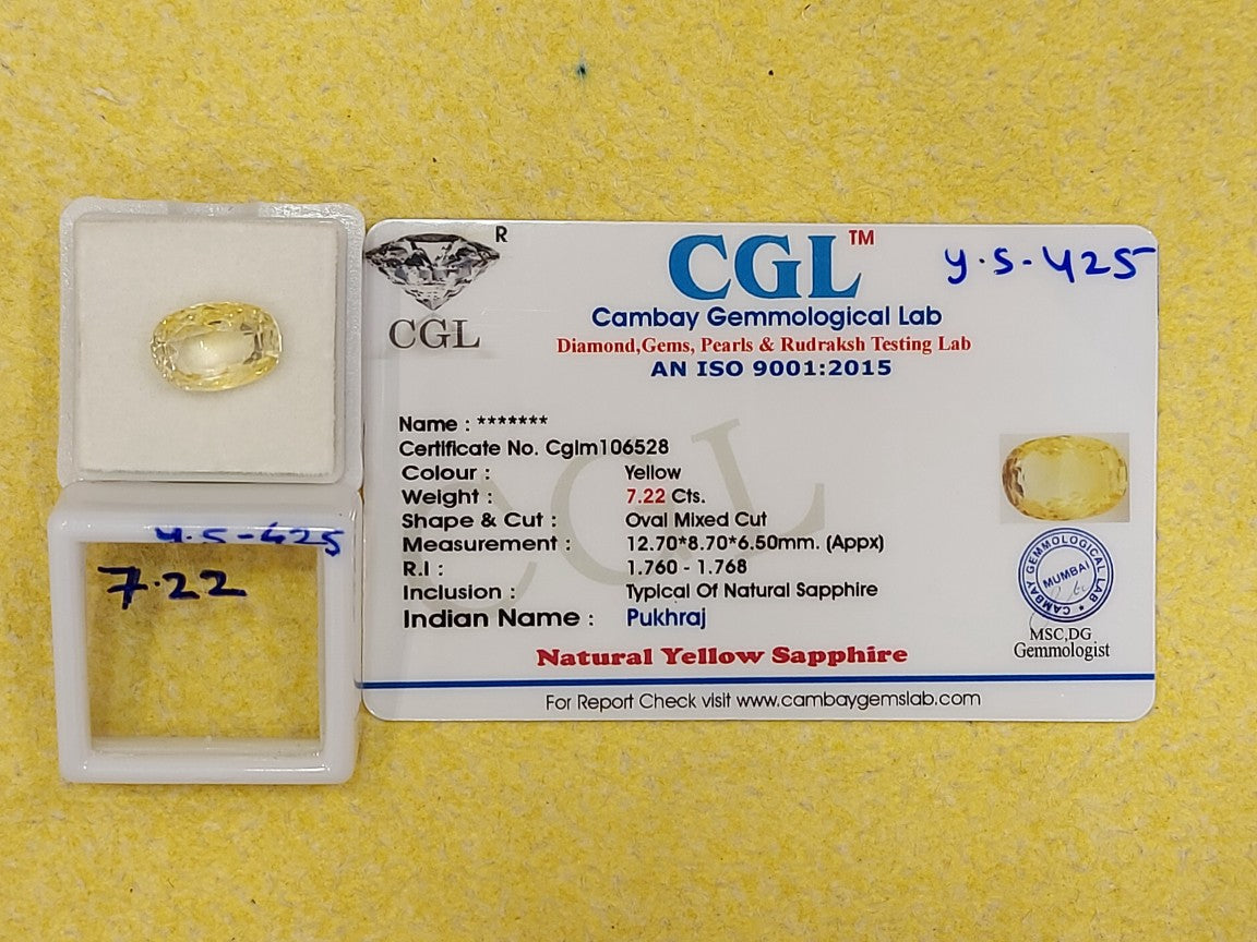 7.22 Carat Natural Yellow Sapphire Stone