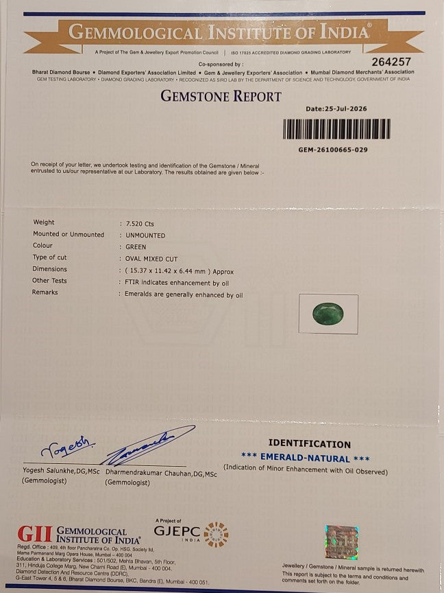 7.52 Carats GII Certified Natural Zambian Emerald Gemstone