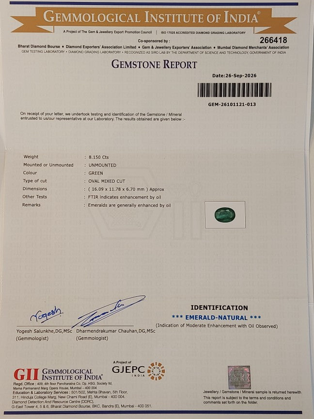 8.15 Carat GII Certified Natural Zambian Emerald Gemstone