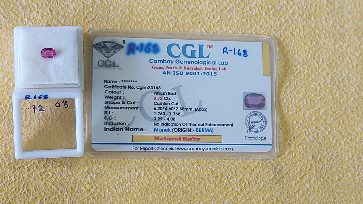 0.72 R-168 Carat Natural Old Ruby