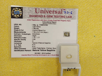 1.60 Carat Natural Yellow Sapphire Stone