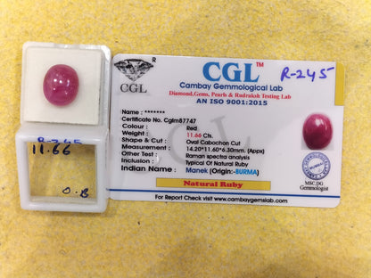 R-245 11.66 Carat Natural Old Ruby
