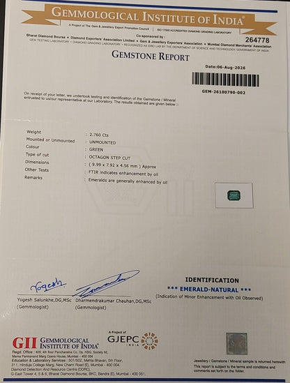 2.76 Carats GII Certified Natural Zambian Emerald Gemstone