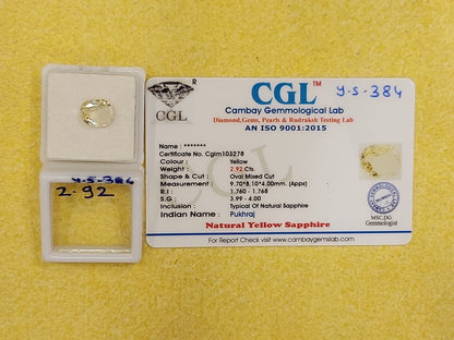 2.92 Carat Natural Yellow Sapphire Stone