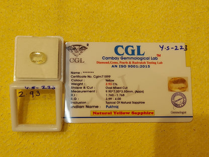 2.93 Carat Natural Yellow Sapphire Stone