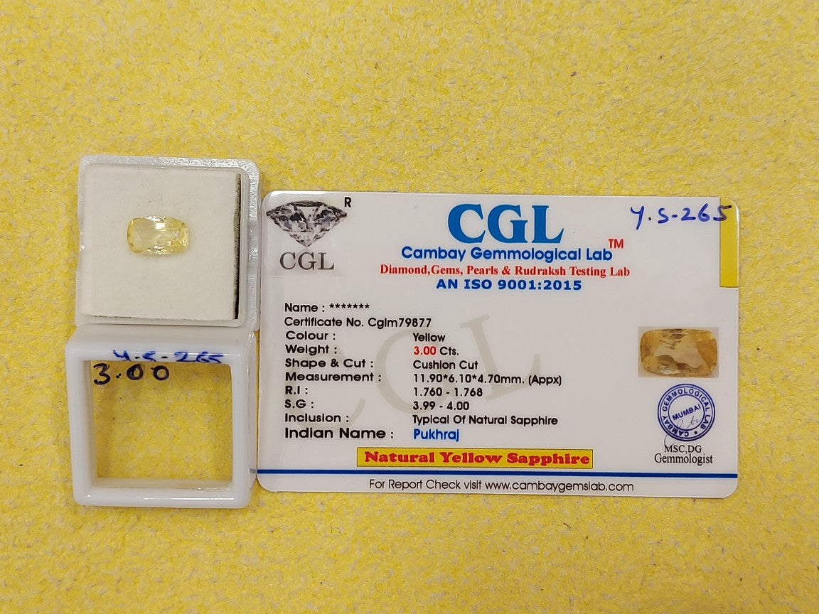 3.00 Y.S-265 Carat Natural Yellow Sapphire Stone