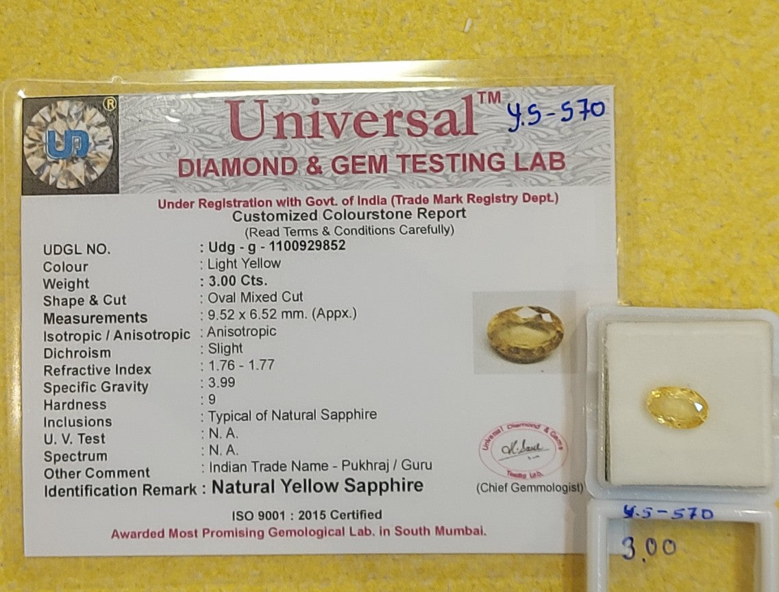 3.00 Carat Natural Yellow Sapphire Stone