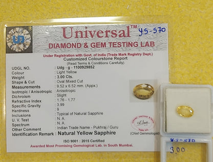 3.00 Carat Natural Yellow Sapphire Stone