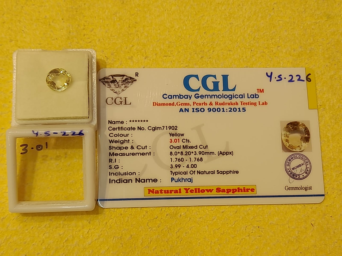 3.01 Y.S-226 Carat Natural Yellow Sapphire Stone