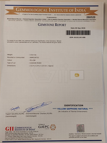 3.01 Carats GII Certified Natural Sri-Lankan Ceylon Yellow Sapphire Gemstone