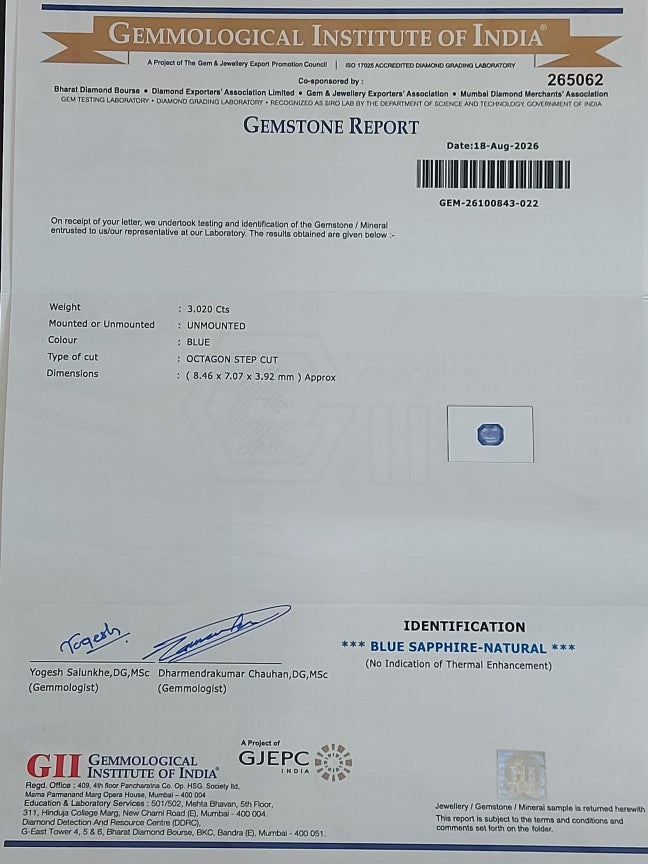 3.02 Carats GII Certified Natural Sri-Lankan Ceylon Blue Sapphire Gemstone