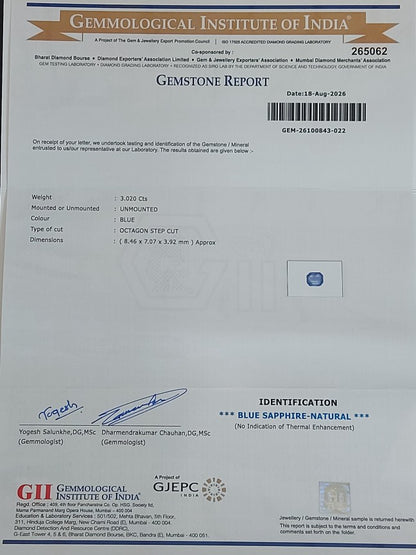 3.02 Carats GII Certified Natural Sri-Lankan Ceylon Blue Sapphire Gemstone